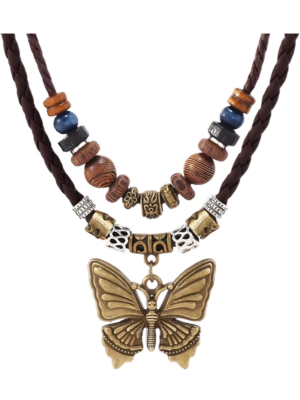 Anthropologie Brown & Gold Layered Butterfly Pendant Necklace